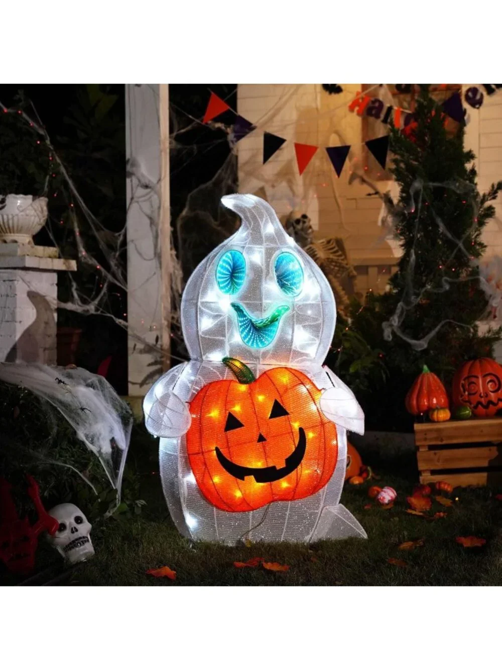 38-Inch Pre-Lit Halloween Ghost Decor - Light-Up Pumpkin Holder for Outdoor Fun